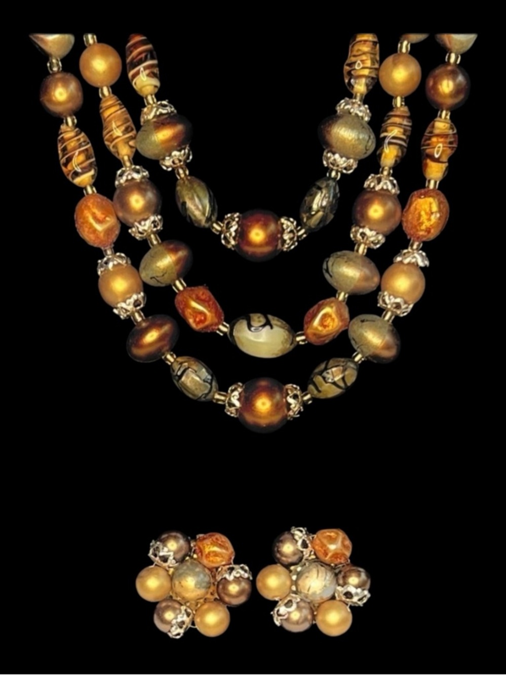 VTG Three Strand Beaded Necklace Clip‎ Earrings Swirled Lucite Japan